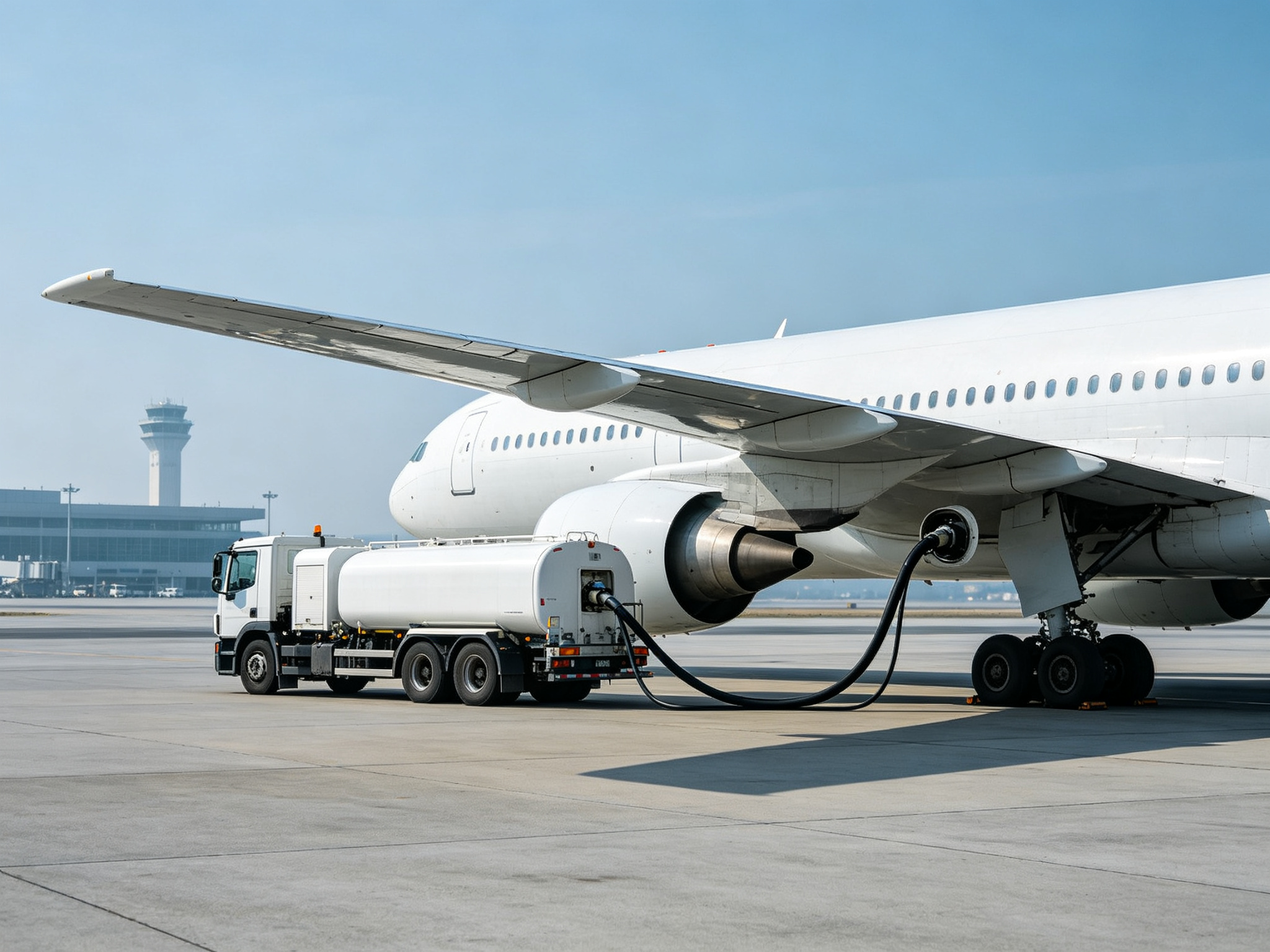 Civil aircraft being refueled with sustainable aviation fuel by an airport fuel truck