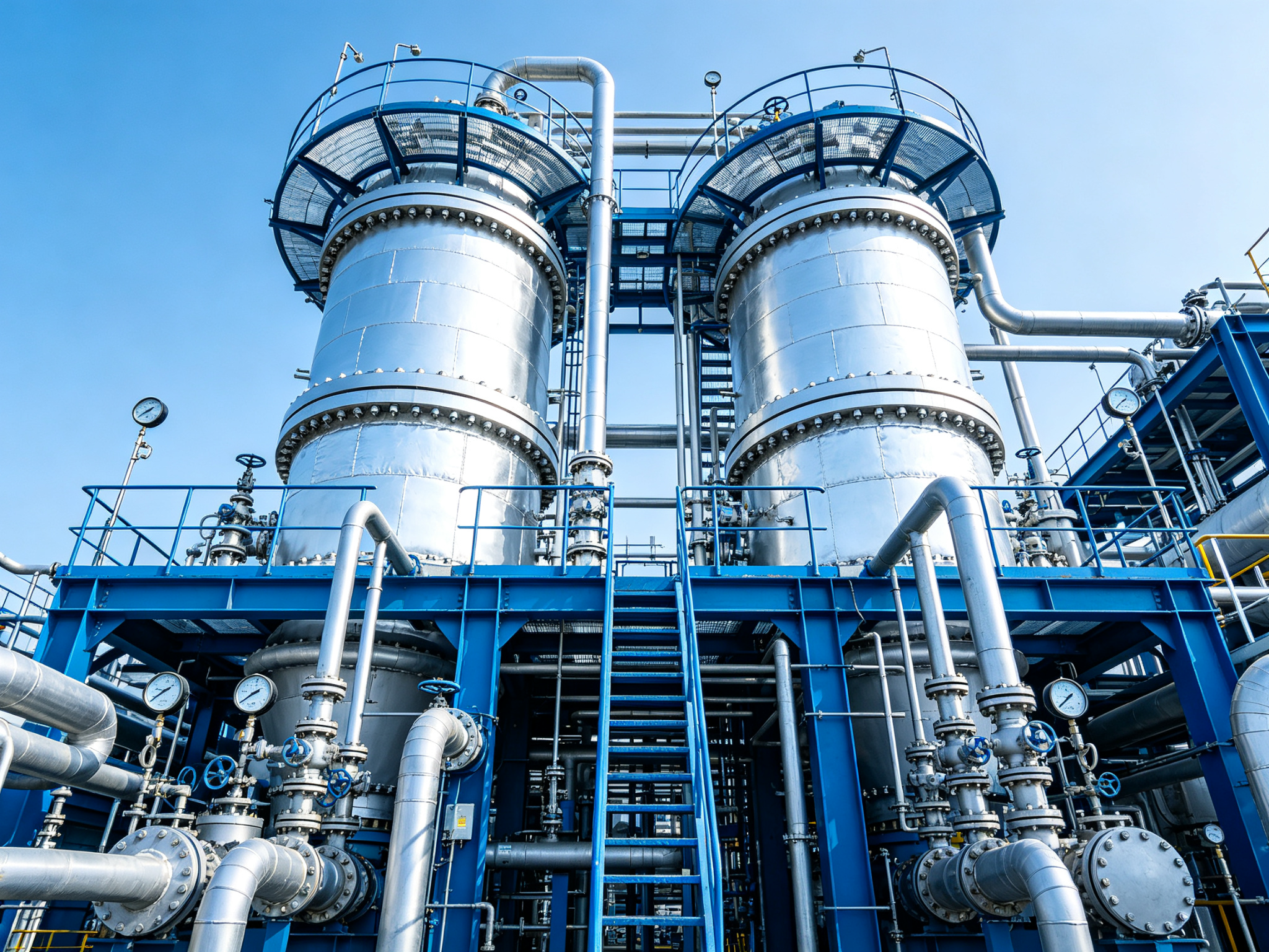 Twin vertical hydrodeoxygenation HDO reactors with process piping, valves and steel platforms