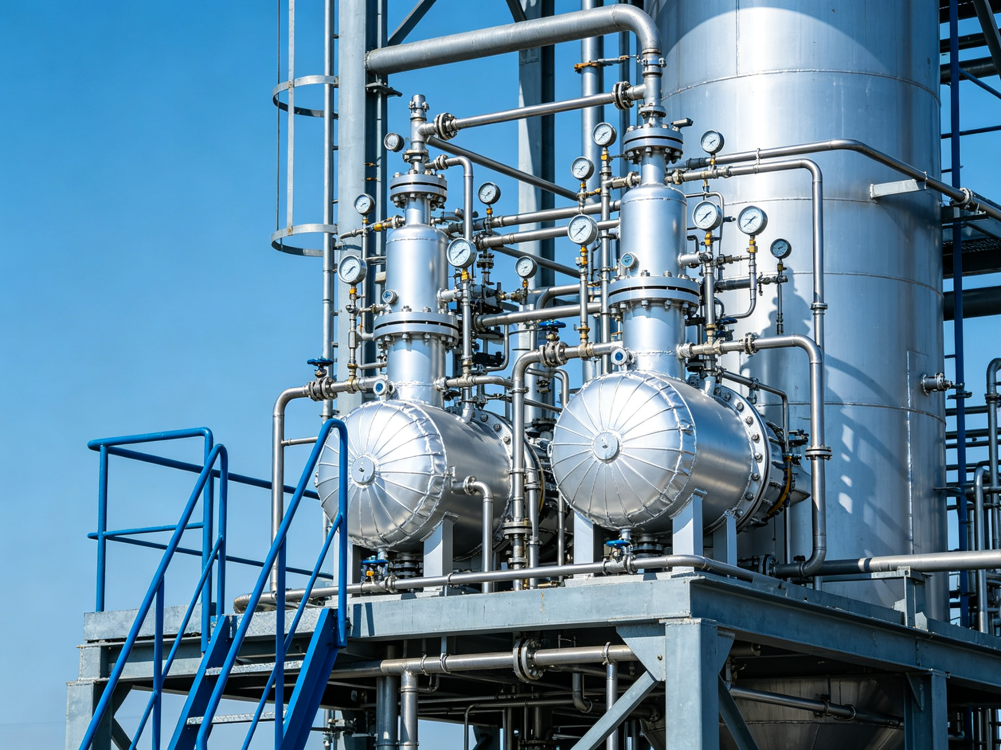 Hydroisomerization catalyst vessel skid with instrument tubing, gauges and blue steel stairway