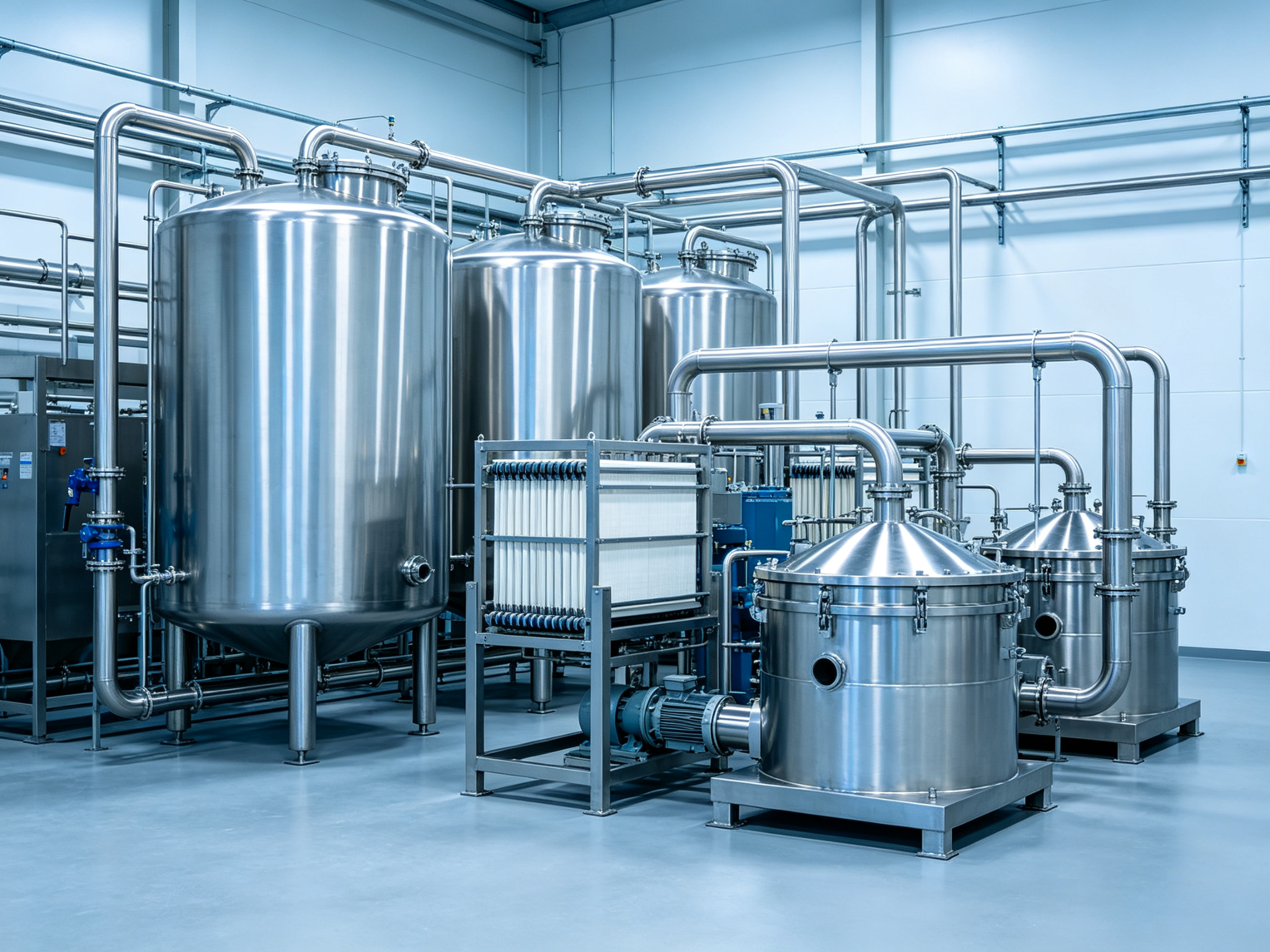 Stainless steel tanks, filters and centrifuges in the palm waste oil pretreatment workshop