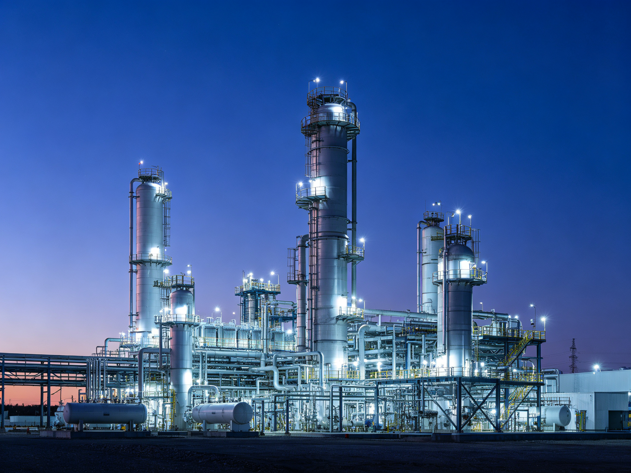 Precision fractionation distillation columns lit at dusk against a deep blue sky