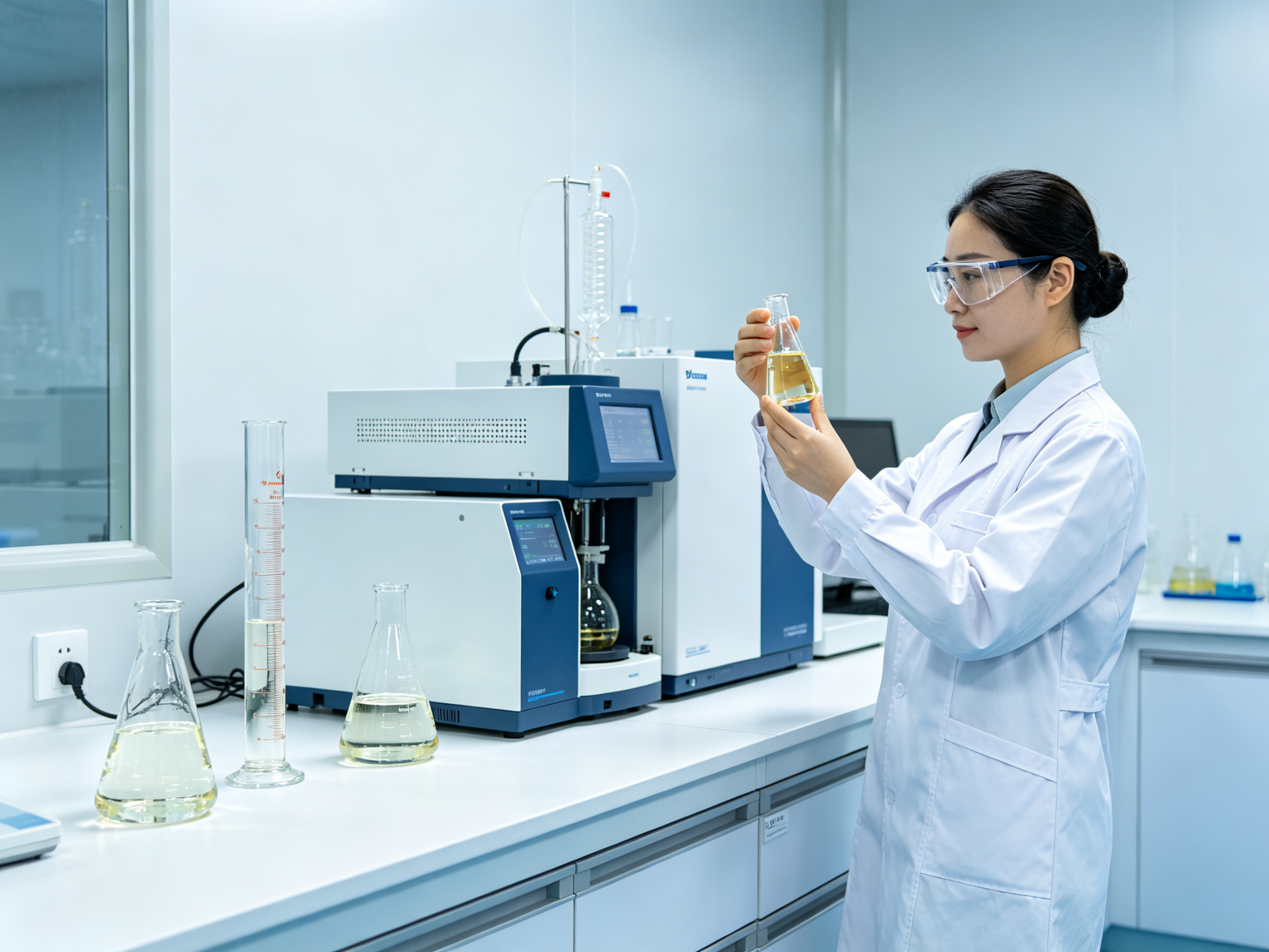 Laboratory technician testing a clear SAF aviation fuel sample with distillation and chromatography equipment
