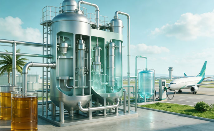 HEFA-SPK sustainable aviation fuel production plant with distillation columns and pipe racks